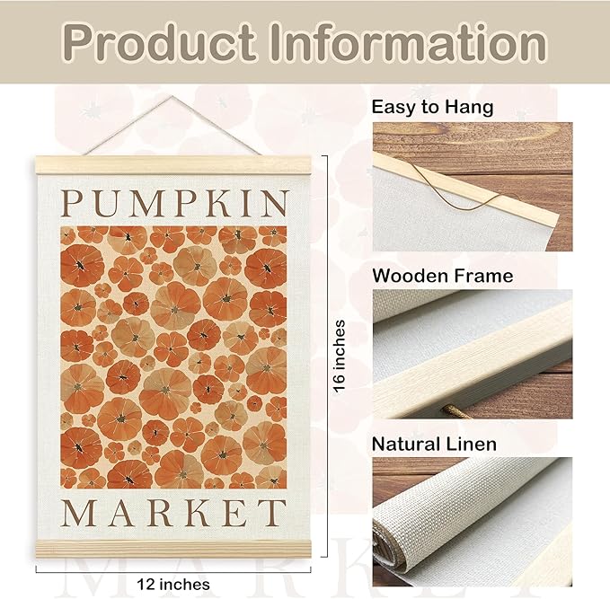 TLESKE Fall Pumpkin Market Poster Hanger Frame, Autumn Pumpkin Flowers Hanging Wall Art Room Decor for Bedroom Living Room, Aesthetic Floral Pumpkin Wall Banner Prints Pictures Artwork, 12x16