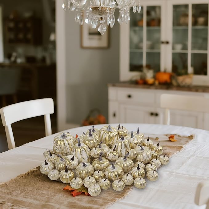winemana 46 Pcs Assorted Size Artificial Pumpkins Fall Decorations, Gold Foam Pumpkin Autumn Decor, Decorative Faux Pumpkin for Halloween Thanksgiving Table Centerpiece Mantle Bowl Wedding Party