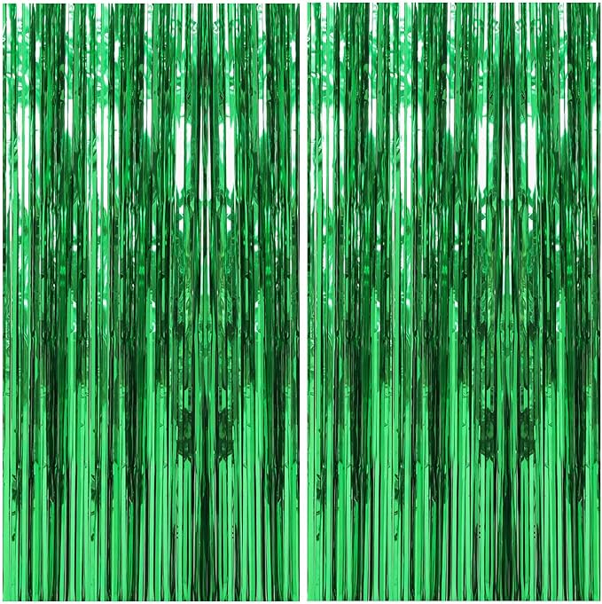 2 Pack Foil Curtain Backdrop Green Metallic Tinsel Foil Fringe Curtains Photo Booth Props for Birthday Wedding Engagement Baby Shower Bachelorette Christmas Holiday Celebration Party Decorations