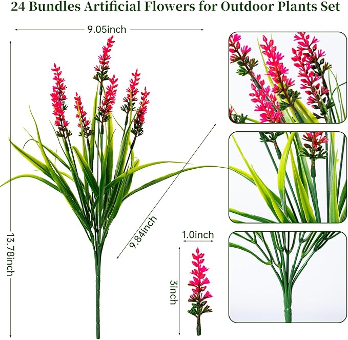 Artificial Flowers for Outdoor Plants 24 Bundles Fake Lavender Plastic Faux Monkey Grass for Verandah Window Garden Office Patio Front Porch UV Resistant for Planter(Hot Pink)