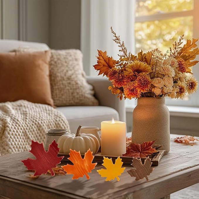4PCS Fall Wooden Leaves Decor Wood Maple Leaf Sign Thanksgiving Table Decor Gift for Autumn Farmhouse Rustic Centerpieces Tabletop Tiered Tray Shelf Props Vintage Harvest Home Indoor Decorations
