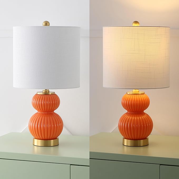 JONATHAN Y JYL1099E Daphne 20" Contemporary Transitional Metal/Glass Ribbed Gourd LED Table Lamp Bedroom, Living Room, Office, Dining Room, Orange/Brass Gold