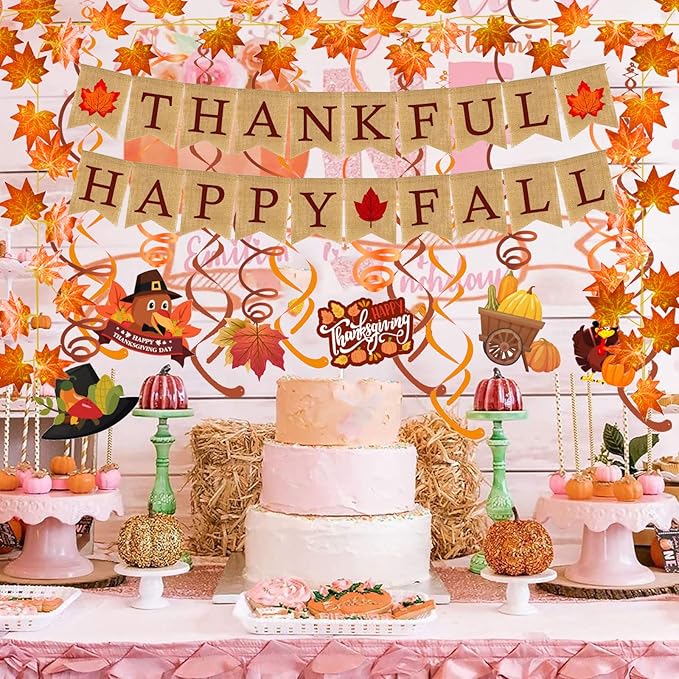 Thankful Happy Fall Burlap Banner Paper Triangular Bunting Maple Leaf Garland Plastic Streamer for Autumn Harvest Thanksgiving Day Party Decoration