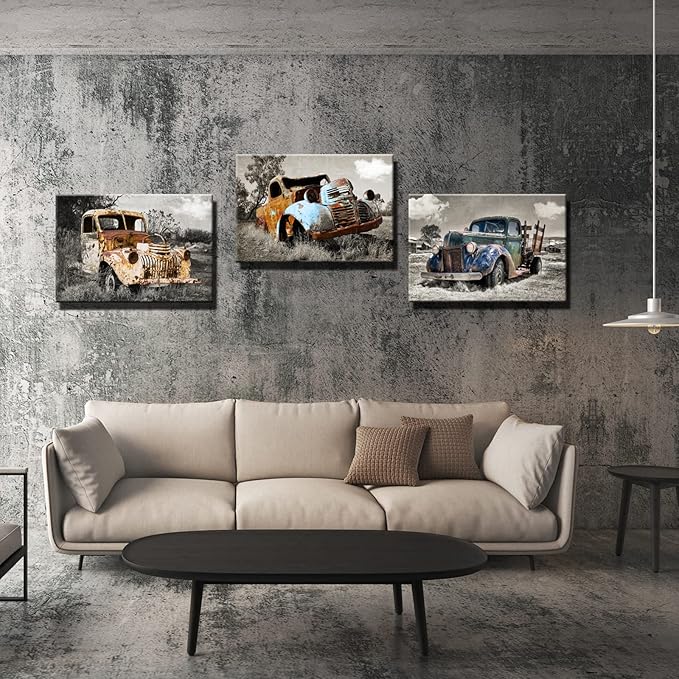YUANAND Rusty Truck Canvas Wall Art - Vintage Blue Car Pictures Living Room Decor - Country Style Artwork Framed Posters Paintings