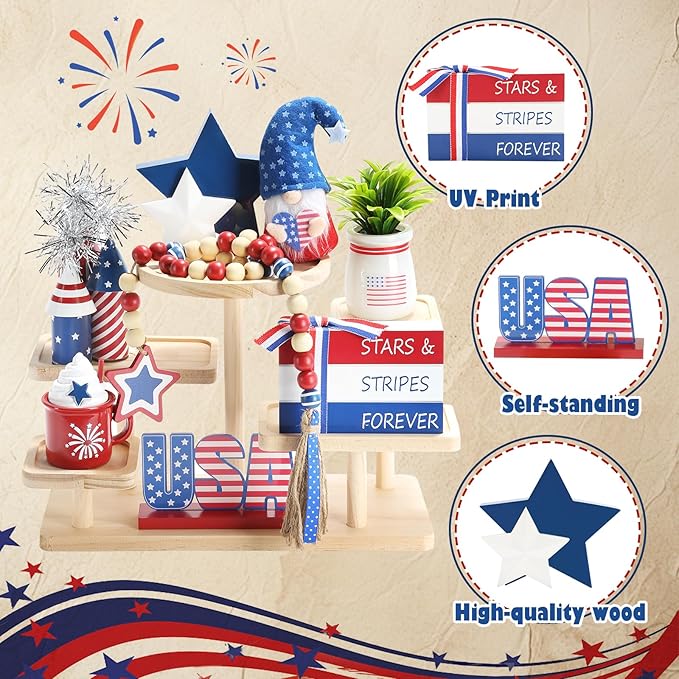 4th of July Decorations, Memorial Day Decorations, Independence Day Patriotic Tiered Tray Decor Set, 8 Pieces Fourth of July Centerpieces for Home Office Table Shelf, Red White and Blue Decorations