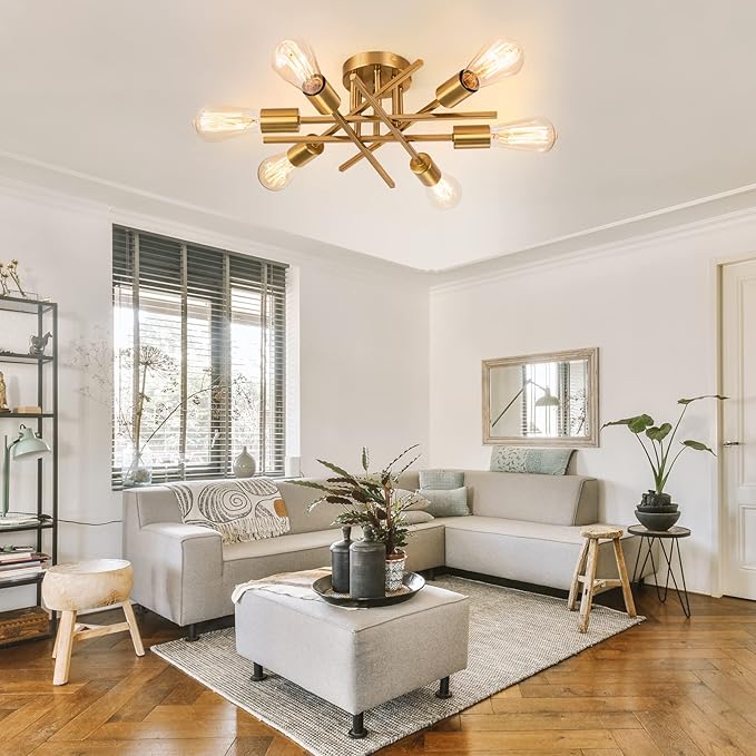 Sputnik Chandeliers, Modern Semi Flush Mount Ceiling Light with E26 Base, Mid Century Industrial Kitchen Farmhouse Light Fixtures for Bedroom Living Room (Brass, Ceiling 6 Lights)