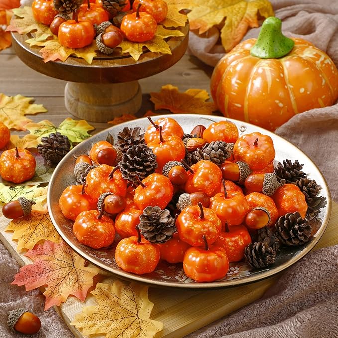 Yookeer 120pcs Mini Pumpkins Acorns Pine Cones Fall Decoration Thanksgiving Artificial Small Pumpkins Fake Props Bulk Rustic Vase Filler for Autumn Harvest DIY Craft Table Centerpiece (Classic Color)