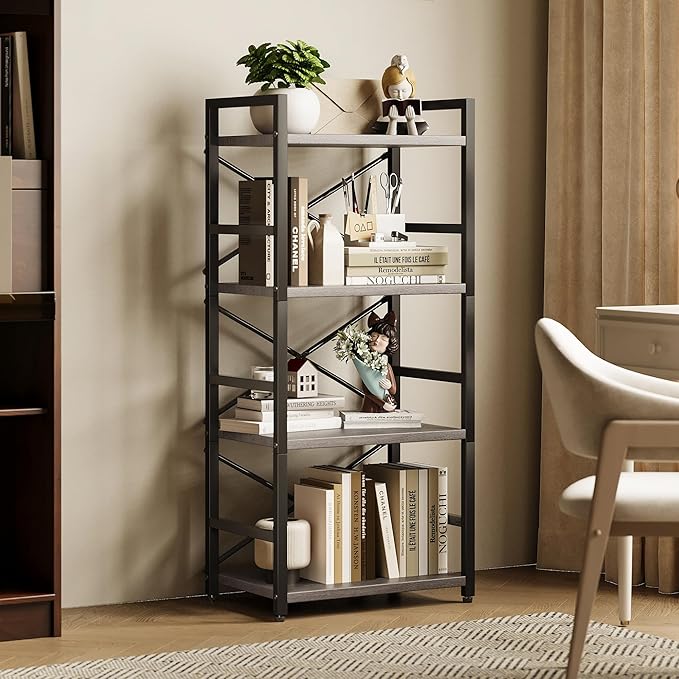 Homeiju Grey Bookshelf, 4 Tier Small Bookcase for CD/Movie/Book, Book Shelf Organization and Storage for Bedroom, Kid's Room, and Home Furniture (Grey)