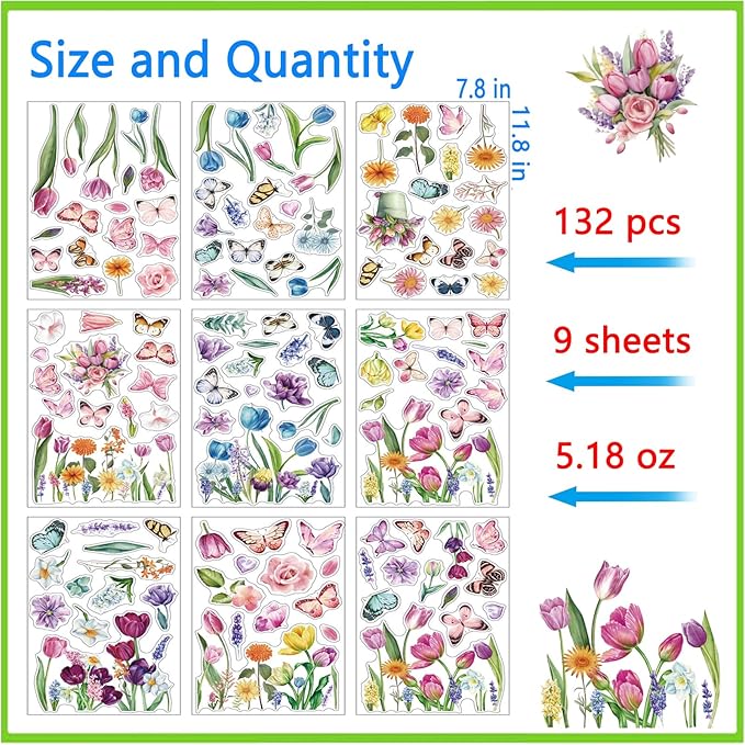 Flower Window Clings for Glass Windows Butterfly, 132pcs Fall Window Clings Summer Easter Spring Winter Decorations, 9 Sheets Floral Window Stickers Decals for Home Office Indoor Clearance