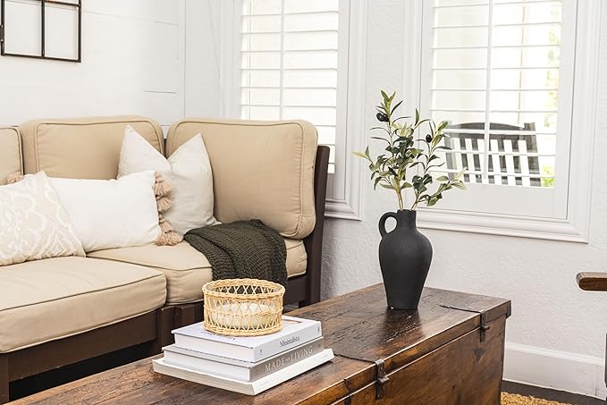 Luxurious Gift Set Textured Ceramic Vase 10 Inch with Olive Branches 22 Inch Tall Black Medium Vase Artificial Topiaries Fake Plants, Minimalist Shelf Decor, Neutral Home Office High End Gifting Decor