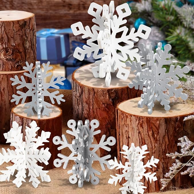 OuMuaMua Winter Christmas Centerpiece Table Decorations - 12pcs Wooden Snowflakes Decor 3D Silver White Snowflake Tabletop Decor for Xmas Holiday Tiered Tray Winter Farmhouse Decor