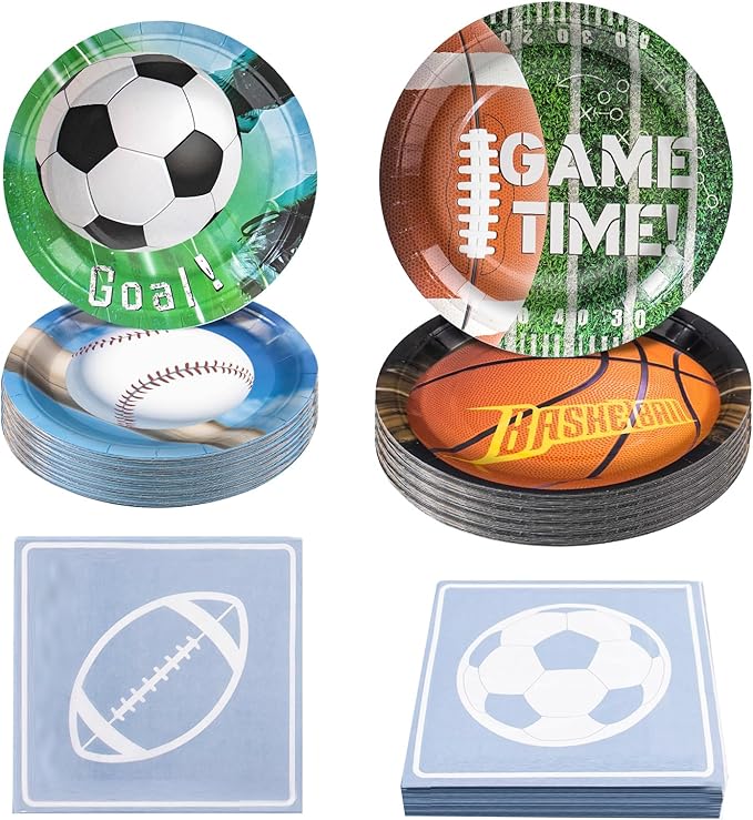 180Pcs Sports Party Supplies Paper Plates and Napkins Serve 60 Disposable Tableware Set for Birthday Party Decorations Game Day Family School Holiday Sports Events