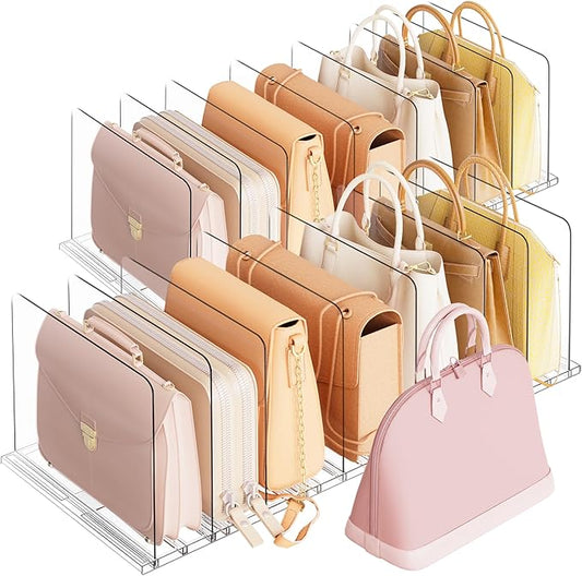 Criusia Adjustable Closet Purse Organizer Rack – 28.8" Extra-Long Shelf Divider with 12 Base Panels & 16 Dividers – Non-Slip Handbag Holder for Bags, Clothes, Kitchen, Office