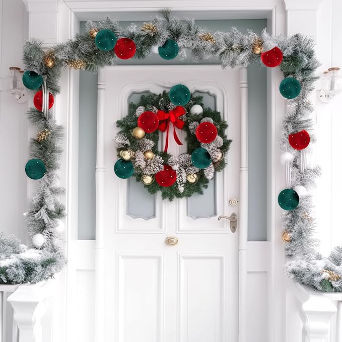 Christmas Tree Ornaments Set Velvet Balls, 12pcs Shatterproof Christmas Bulbs Ornaments for Xmas Tree Decorative Hanging, Vintage Flocked Decoration, 78mm, 3.1in, Multicolor Green Red