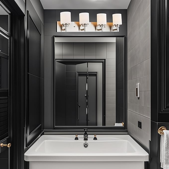 Bathroom Vanity Light Fixture, Brushed Nickel | 32 Inch 4 Lights, White Glass Shade, Vanity Lights for Bathroom, Living Room, Bedroom, Farmhouse