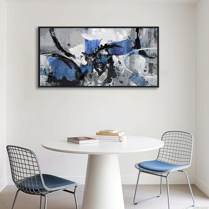 AJAZIKO Blue Abstract Canvas Wall Art: Wall Art for Living Room, Bedroom & Gray Office Decorations for Work, Framed Artwork - Modern Decor with Blue & Black Paintings Pictures Wall Decor 20×40IN