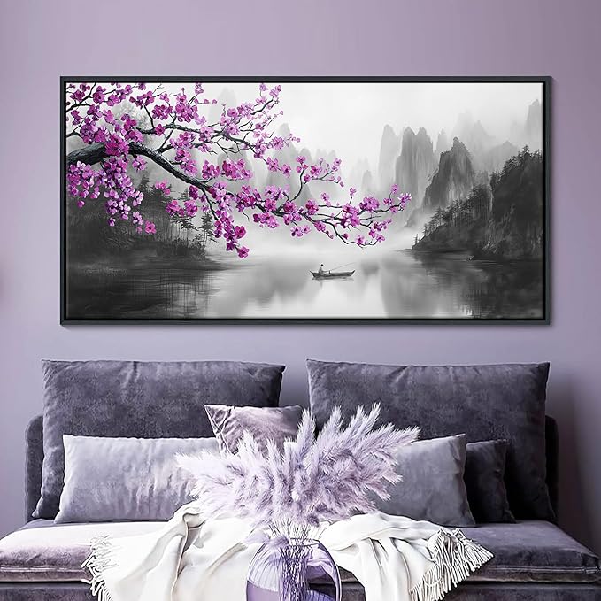 Large Purple Wall Art Decor for Living Room Bedroom Framed Black and White Landscape Full Moon Purple Flower Painting Canvas Picture Plum Blossom Artwork for Home Office 24x48IN