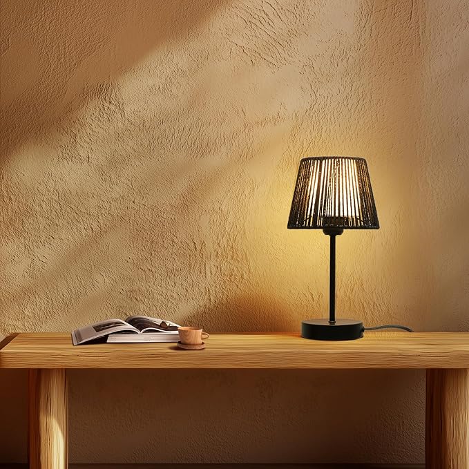 Touch Boho Lamp Dimmable, 3-Way Bedside Table Lamp 14.2", Rope Light for Bedroom Nightstand Farmhouse, Bulb Included, 2 Packs (Black)