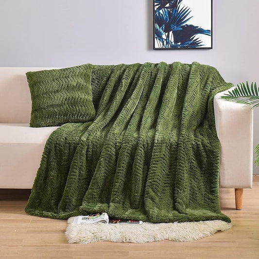 YUSOKI Luxury Faux Fur Throw Blanket(Without Pillows) 2 Layers,3lb,All Ages,Home Decoration, (Olive Green,50" x 63")