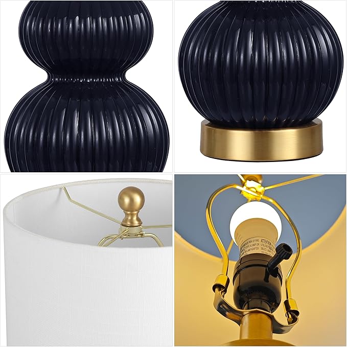 JONATHAN Y JYL1099D Daphne 20" Contemporary Transitional Metal/Glass Ribbed Gourd LED Table Lamp Bedroom, Living Room, Office, Dining Room, Navy/Brass Gold