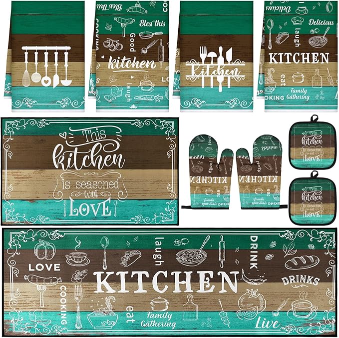 10 Pcs Farmhouse Kitchen Decor Sets, 4 Green Kitchen Dish Towels 2 Teal Pot Holders 2 Oven Mitts Glove Brown Rustic Non Slip Rugs and Mats for Floor Home Decorations Accessories Christmas Mom Gifts