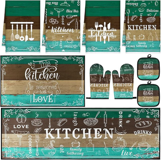 10 Pcs Farmhouse Kitchen Decor Sets, 4 Green Kitchen Dish Towels 2 Teal Pot Holders 2 Oven Mitts Glove Brown Rustic Non Slip Rugs and Mats for Floor Home Decorations Accessories Christmas Mom Gifts