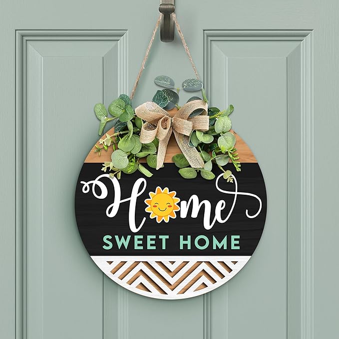 GOSSBY Interchangeable Welcome Sign for Front Door - HOME SWEET HOME - Seasonal Rustic Wood Wreath - Hanging Wall Sign Decoration for Outside, Porch, Farmhouse - New Home, Housewarming Gift