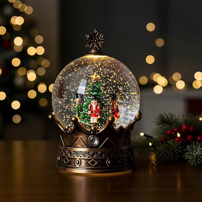 Nutcracker Snow Globe, Musical Crown Water Lantern with Swirling Glitter with Swirling Glittering Christmas Home Decoration and Gift, Battery Operated or USB Powered