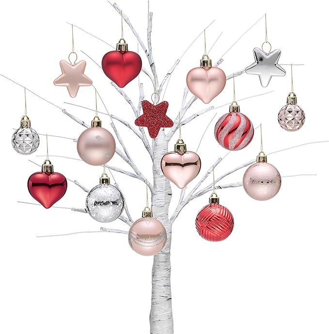 Valery Madelyn 28Pcs Valentines Heart Shaped Ornaments Gift Pack, Spring Easter Craft Painted Tree Heart Decorations, Pink Red Silver Christmas Baubles Hanging Party Wedding Anniversary Decor