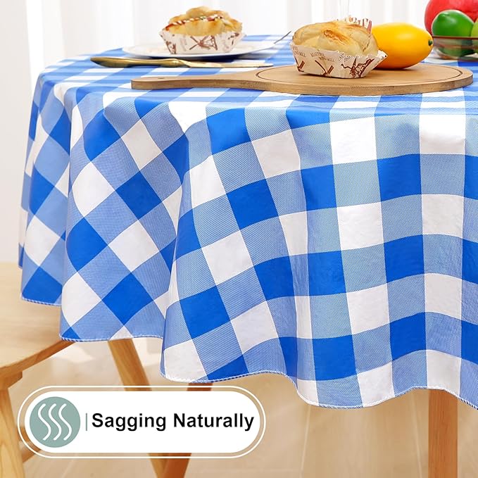 misaya Round Waterproof Vinyl Table Cloth, Buffalo Flannel Backed Tablecloth, Wipeable Plastic Table Cover for Dinner, Kitchen, Picnic (60", White and Blue)
