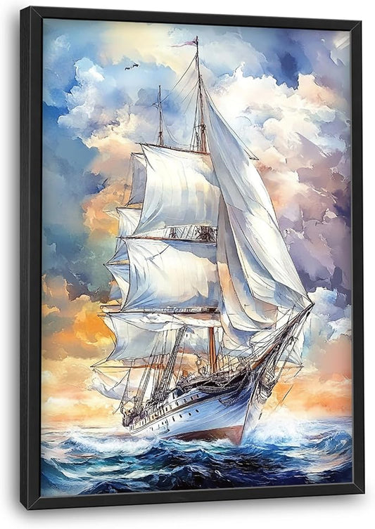 Lovira Nautical Sailboat Large Wall Art Sailing Ocean Coastal Canvas Wall Decor Seascape Pictures Prints Painting Framed Vertical Artwork for Living Room Bedroom Bathroom Kitchen Office 24"x36"