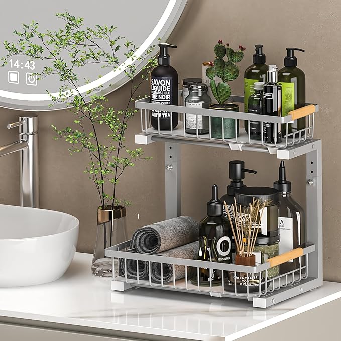 Under Sink Organizer Storage 2 Pack, 2 Tier Slide Out Height Adjustable Pull Out Cabinet Organizer Drawer for Kitchen Bathroom Large Under Sink Shelf Rack Caddy for Pantry, Grey