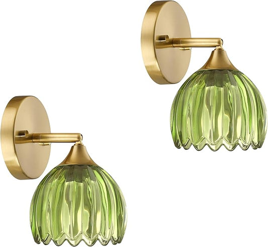 2 Pack 1 Light Vintage Wall Sconces Tulip Dark Green Glass Lampshade Hradwired Modern Gold Wall Lighting Fixture for Bedside Bedroom Doorway