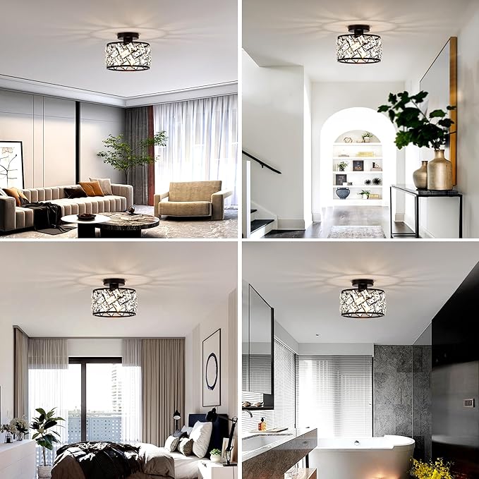 Crystal Ceiling Light Fixture, Modern Semi Flush Mount Ceiling Light,Crystal Chandelier for Kitchen Bedroom Bathroom Entryway, Black Finish