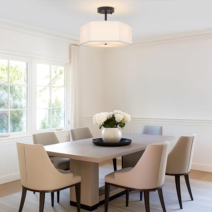 Modern Ceiling Light with White Fabric Shade 3-Light Black Semi Mount Flush Fixture for Bedroom Dining Room Kitchen and Hallway