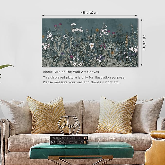 NINEASO Botanical Canvas Wall Art - Dusty Blue Wildflower Nature Pictures Bloom Floral Wall Decor Flower Plants Painting Print Artwork for Living Room Bedroom Home Office Decorations 24" x 48"