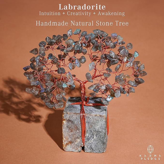 Crystal Tree of Life Feng Shui Decor for Home and Office, Labradorite Chakra Healing Crystal Handmade Tree for Positive Energy, Money, Good Luck, Christmas Decor, Birthday Gifts for Women