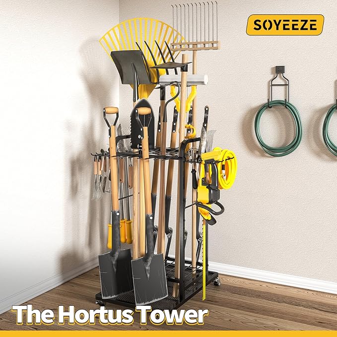 SOYEEZE Garden Tool Organizer with Lockable Wheels, 3-Tire Heavy Duty Yard Tower Tool Rack for Garage, Up to 35 Long-Handled Tools, Garden Tool Cart with 12 Hooks for Tool Organization and Storage