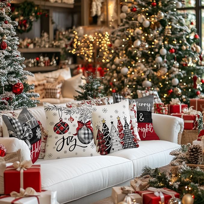 GEEORY Christmas Throw Pillow Covers 18 x 18 Inch Set of 4, Xmas Trees Merry and Bright Happy Holidays Farmhouse Decorative Cushion Cases for Home Decoration G418-18