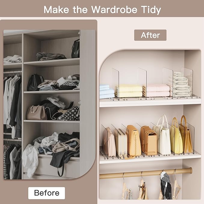 Criusia Adjustable Closet Purse Organizer Rack – 28.8" Extra-Long Shelf Divider with 6 Base Panels & 8 Dividers – Non-Slip Handbag Holder for Bags, Clothes, Kitchen, Office