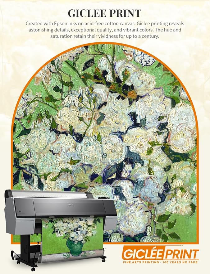 DECORARTS - Pink Roses in a Vase by Vincent Van Gogh, Large Giclee Canvas Print with Solid Wood Frame, Oversized Wall Art Decor