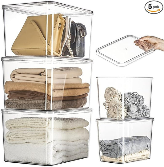 Lidded Plastic Storage Bins Set Clear Desk Basket Box Organizer Kitchen Container Clothes Laundry Closet Cabinet Shelf, Organization and Storage for Shelves Office Bathroom(clear 3XL+2M)