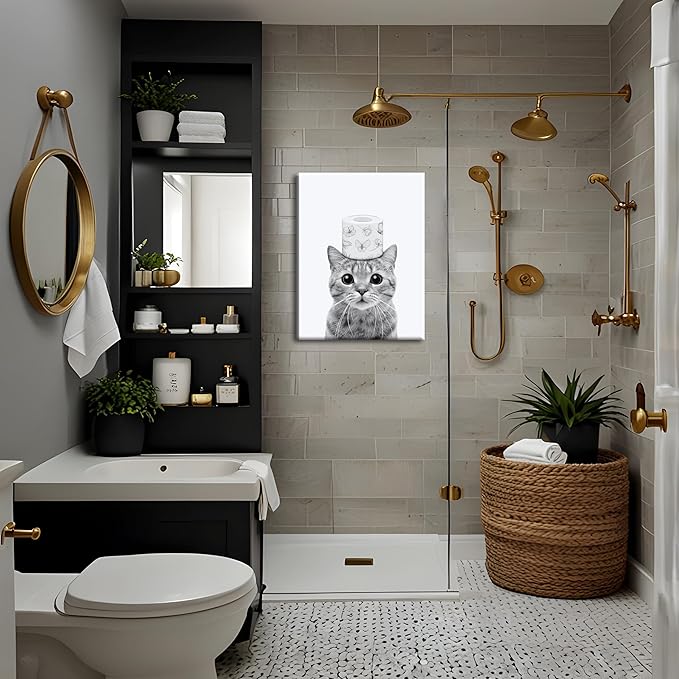 Funny Bathroom Wall Art, Cute Black and White Cat Canvas Wall Decor, Humor Toilet Paper Prints Bathroom Decor, Adorable Animal Picture Paintings Poster Toilet Signs 12x16 inch Framed