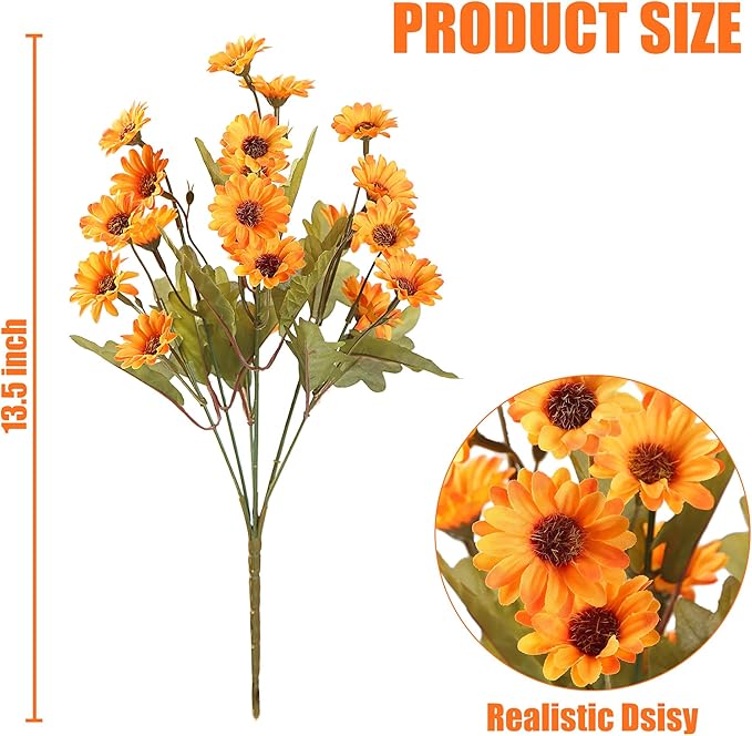 Sggvecsy 8 Bundles Artificial Fall Flowers Faux Mums Fake Silk Orange Daisy Bulk UV Resistant Plants Floral Arrangement for Indoor Outdoors Garden Home Wedding Thanksgiving Autumn Decor