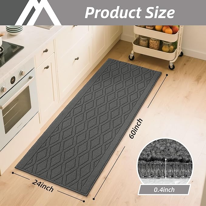 COSY HOMEER-Kitchen-Rugs-Non-Slip-Washable 24"x60" Absorbent Kitchen Runner Rugs Polypropylene Kitchen Mats for Floor,Sink Mat,Hallway,Laundry,Grey