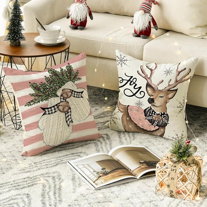 AVOIN colorlife Pink Christmas Snowman Reindeer Gloves Eucalyptus Throw Pillow Covers, 18 x 18 Inch Winter Holiday Stripes Cushion Case Decoration for Sofa Couch Set of 4