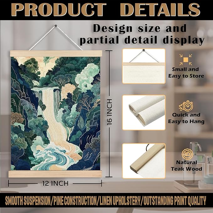 FITIE Green Abstract Japanese Waterfall Forest Scenic Canvas Wall Art Poster, Watercolor Blue Green Nature Landscape Wall Decor Prints for Japanese Home Bedroom Living Room, 12x16 Inches