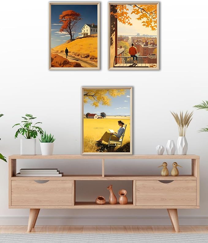 UPWOIGH Framed Wall Art, Edward Hopper Wood Canvas Wall Art,Autumn decor,12"x16" Cotton Pattern Vintage Poster Wall Decor Aesthetic for Living Room Bedroom,Set of 3,Accessories