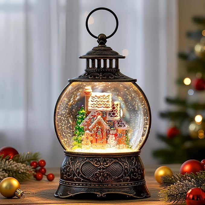 Christmas Snow Globe Lighted Gingerbread House Scene, Musical Snow Water Lantern Swirling Glittering Home Decoration and Gift, Battery Operated or USB Powered