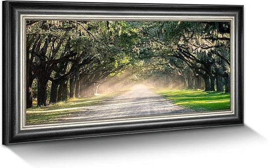 Oak Tree Canvas Wall Art: Framed Green Forest Path Painting Nature Park Landscape Artwork for Living Room